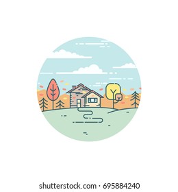 Vector flat illustration with suburban house in autumn. Nature in fall, peaceful country landscape