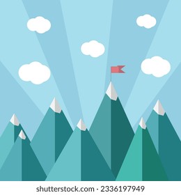 Vector flat illustration of success - top of the mountain with red flag of a victory, goal achievement, getting things done.