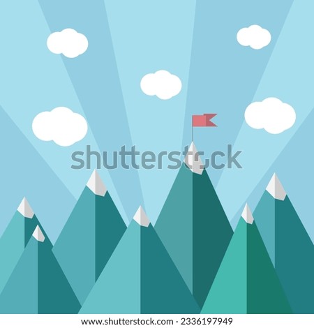 Vector flat illustration of success - top of the mountain with red flag of a victory, goal achievement, getting things done.