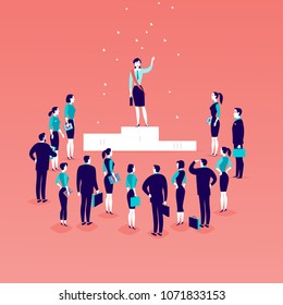 Vektorflache Illustration mit erfolgreicher Geschäftsfrau, die vor Büroangestellten auf Podium steht, Menschenmenge einzeln auf blauem Hintergrund. Erfolg, Respekt, Leistung, Sieg, Akzeptanz - Metapher