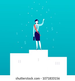 Vector flat illustration with successful business lady standing on white podium with money signs falling down isolated on blue background. Success, achievement, win, victory, wealth - metaphor.