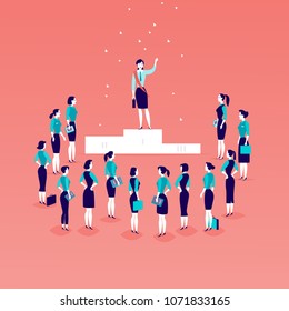 Vector flat illustration with successful business lady standing on podium in front of office women and business ladies crowd isolated. Gender equality, lady upwards. Success, respect,  - metaphor.