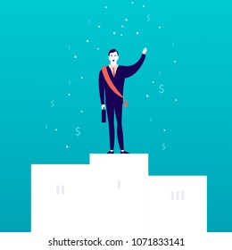Vector flat illustration with successful businessman standing on white podium with money signs falling down isolated on blue background. Success, achievement, win, victory, wealth - metaphor.