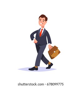 Vector flat illustration successful businessman in a business suit and briefcase isolated. Business person