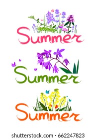 Vector flat illustration of summer banners with flowers and butterflies on white background. Element for design.