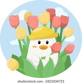 vector flat illustration, summer duck with tulips, sunny weather