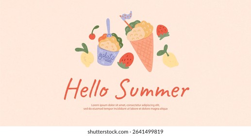 Vector flat illustration of summer gelato dessert with fruits. Waffle cone and ice cream cup with cherries, lemons, strawberries. Handwritten typography. Design for seasonal sale, banner, ad, greeting