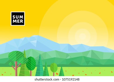 vector flat illustration of summer, mountain forest landscape with trees, trees and sun, abstract background of geometric shapes and triangles