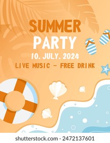 Vector flat illustration. Summer party banner. Top view of a sunny beach with an ocean wave, inflatable ring, starfish and tropical leaves on the sand.