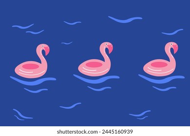 Vector flat illustration, summer pool with flamingos, pink flamingo in water. Cartoon vector illustration