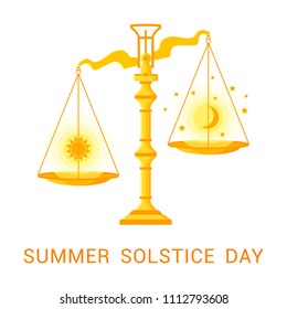 Vector flat illustration of summer solstice. Design concept with scales of justice, moon, stars and sun symbolizing the shortest period of  night and the longest day of the year.