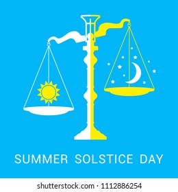 Vector flat illustration of summer solstice. Design concept with scales of justice, moon, stars and sun symbolizing the shortest period of  night and the longest day of the year.