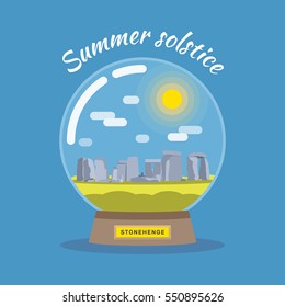 Vector flat Illustration of summer solstice. Snowball with Stonehenge.	