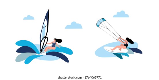 Vector flat illustration of summer sports. Kiting and Windsurfing. The girl on the kite-surfing and Windsurfing. Summer holidays. Professional sport. Sea