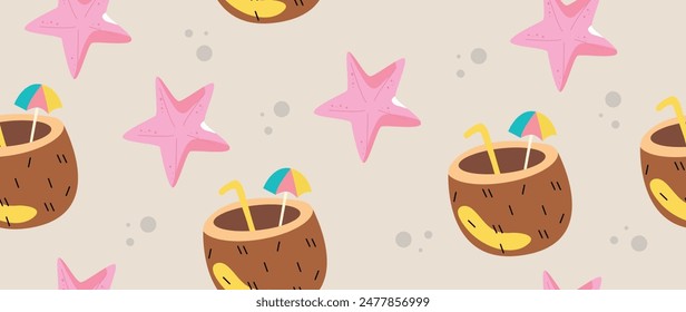 Vector flat illustration. Summer vacation concept. Used as background mockup for banner design. Horizontal seamless posters, wallpapers.