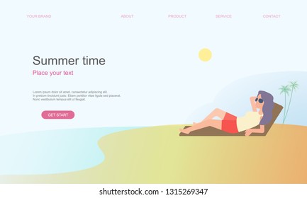Vector flat illustration of summer. Woman laying with bed on tropical beach . Can use for web banner, background, book, infographics, landing page - hero images. people and tropical beach.