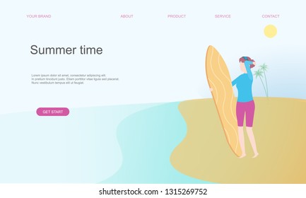 Vector flat illustration of summer. Women carry surfboards on the beach . Can use for web banner, background, book, infographics, landing page - hero images. people and tropical beach.