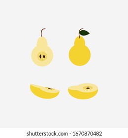  Ilustración plana vectorial. frutas de pera amarilla de verano.  exótica colección de clipart fresca aislada sobre fondo blanco perfecto para impresión, tarjeta , diseño de menú. corte en mitad,vista lateral,cuarto,fruta entera