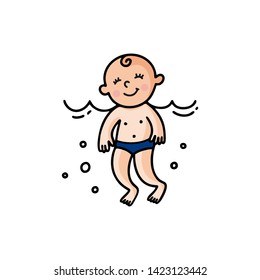Vector flat illustration of sunburnt baby is swimming in the sea. Healthy and cheerful child swims. Summer print for t-shirts, cards, posters for the children's swimming pool for newborns.