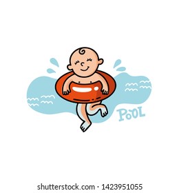 Vector flat illustration of sunburnt baby in swimming goggles swims in the sea. Healthy and cheerful child swims. Summer print for t-shirts, cards, posters for the children's swimming pool for newborn