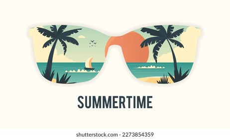 Vector flat illustration of a sunglasses displaying the sea and the sun. The summer landscape is meant to fill with warmth and coziness. Great combination of color scheme in pastel tones with a light 