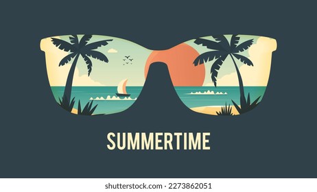 Vector flat illustration of a sunglasses displaying the sea and the sun. The summer landscape is meant to fill with warmth and coziness. Great combination of color scheme in pastel tones with a light 