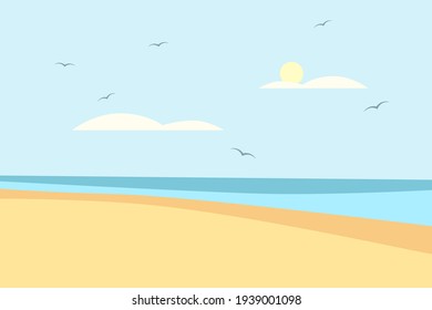 Vector flat illustration: sunny seascape . Light sky with sun , small white clouds and flying birds. Calm blue sea , warm beige sand. Nice design for card, poster, flyer about travel, summer vacation.