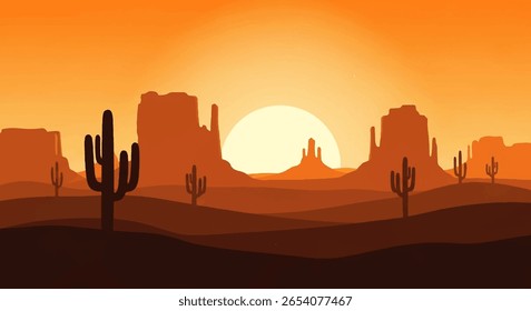 Vector Flat Illustration of Sunset Desert Landscape with Large Pale Yellow-Orange Sun, Silhouetted Rock Formations and Cacti on Layered Dark Brown-Orange Terrain in Warm Orange Sky