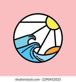 Vector flat illustration surfing theme badge design. For t-shirt prints  posters  stickers and other uses.