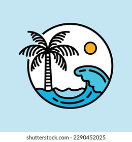 Vector flat illustration surfing theme badge design. For t-shirt prints  posters  stickers and other uses.