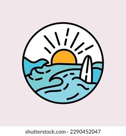 Vector flat illustration surfing theme badge design. For t-shirt prints  posters  stickers and other uses.