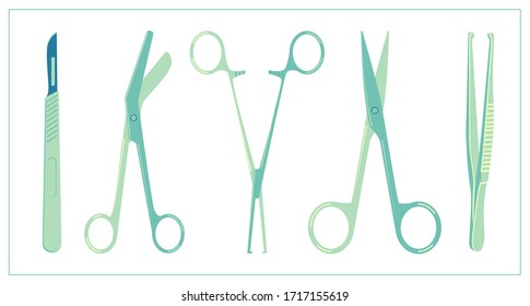 Vector flat illustration with a Surgical Instrument. Scalpel, clamp, scissors, tweezers. Stylized drawing for your web site design, logo, app, UI. Isolated stock illustration on white background.