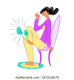 Vector flat illustration with surprised young woman who saw nail fungus, foot. Concept of foot care, nails, pedicure, Mycology, treatment and diagnostics. It can be used in web design, banners, etc.