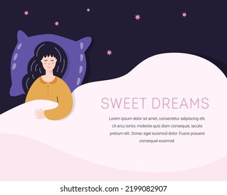 Ilustración vectorial plana con dulces sueños, concepto de sueño saludable. Una joven duerme en la cama, en el cielo nocturno, en las estrellas. Plantilla de diseño para volante, pancarta.