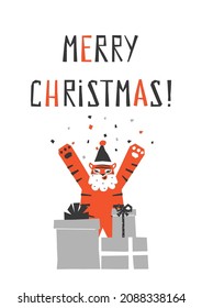 Vector flat illustration with symbol of Chinese New Year of 2022 - Tiger. Text - Merry Christmas! Animal is wearing in Santa Claus hat, preparing presents. Size is for vertical gift cards, posters
