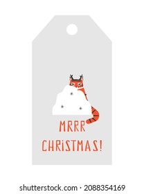 Vector flat illustration with symbol of Chinese New Year of 2022 - Tiger. Template for gift tag. Text - Merry Christmas! Animal is in deer horns hid in snow. Vertical size