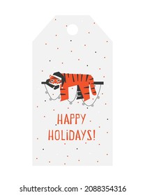 Vector flat illustration with symbol of Chinese New Year of 2022 - Tiger. Template for gift tag. Text - Happy Holidays! Funny animal sleeps. Vertical size