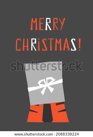 Vector flat illustration with symbol of Chinese New Year of 2022 - Tiger. Text - Merry Christmas! Naughty animal made surprise, hid in gift box. Size of concept is for vertical gift cards, posters