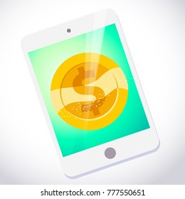 Vector flat illustration with tablet and golden coin isolated on its screen on white background. Electronic gadget. Gold coin icon with dollar symbol.