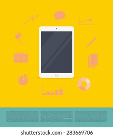 Vector flat illustration of tablet on yellow background. Infographic elements and text place.