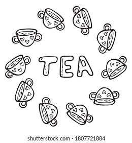 Vector flat illustration tea time with cups of tea and coffee. Doodle objects are cut out.