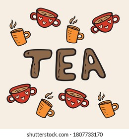 Vector flat illustration tea time with cups of tea and coffee. Doodle objects are cut out.