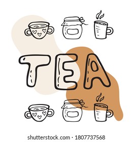 Vector flat illustration tea time with cups of tea and coffee. Doodle objects are cut out.