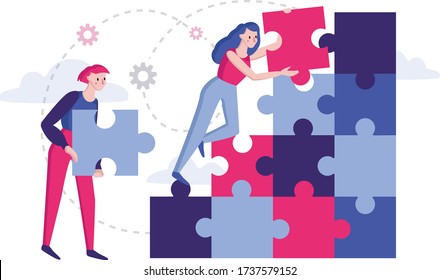 Vector flat illustration. Teamwork and team building, business concept, coworking and team metaphor. Connecting puzzle elements.