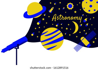 vector flat illustration telescope viewing galaxy with planet star moon satellite element. can be used for web blog presentation animation banner poster motion graphic landing page design print ads