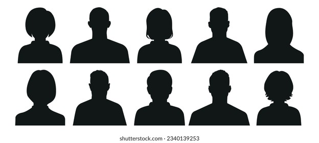 Vektorflache Illustration. Zehn Symbole. Schwarze Silhouette von Männern und Frauen. Avatar, Benutzerprofil, Personensymbol, Profilbild. Geeignet für Profile, Symbole, Bildschirmschoner und als Vorlage.