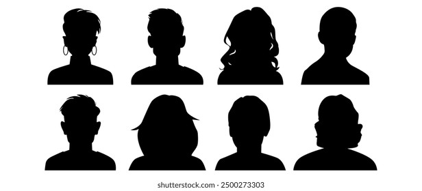 Ilustración plana de Vector. Diez iconos. Silueta negra de hombres y mujeres. Avatar, perfil de usuario, icono de persona, imagen de perfil. Adecuado para perfiles de redes sociales, iconos, protectores de pantalla y como Plantilla.