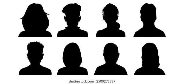 Vector flat illustration. Ten icons. Black silhouette of men and women. Avatar, user profile, person icon, profile picture. Suitable for social media profiles, icons, screensavers and as a template.
