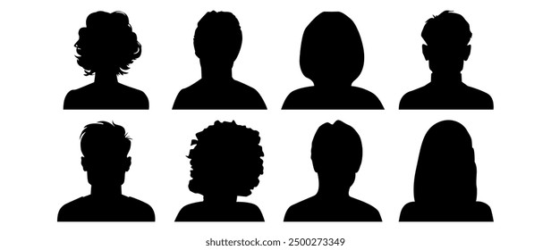 Vector flat illustration. Ten icons. Black silhouette of men and women. Avatar, user profile, person icon, profile picture. Suitable for social media profiles, icons, screensavers and as a template.