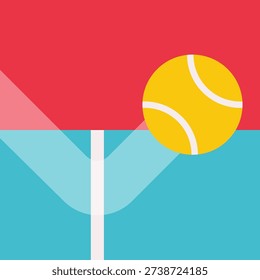 Vector flat illustration with tennis ball hits shot down the line on court. Part of tennis game or championship. Minimalistic simple concept, clipart sport collection